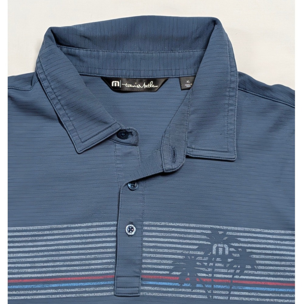 Travis Mathew Men's XL Blue Slub Knit Palm Tree Graphic Stripe Golf Polo Shirt